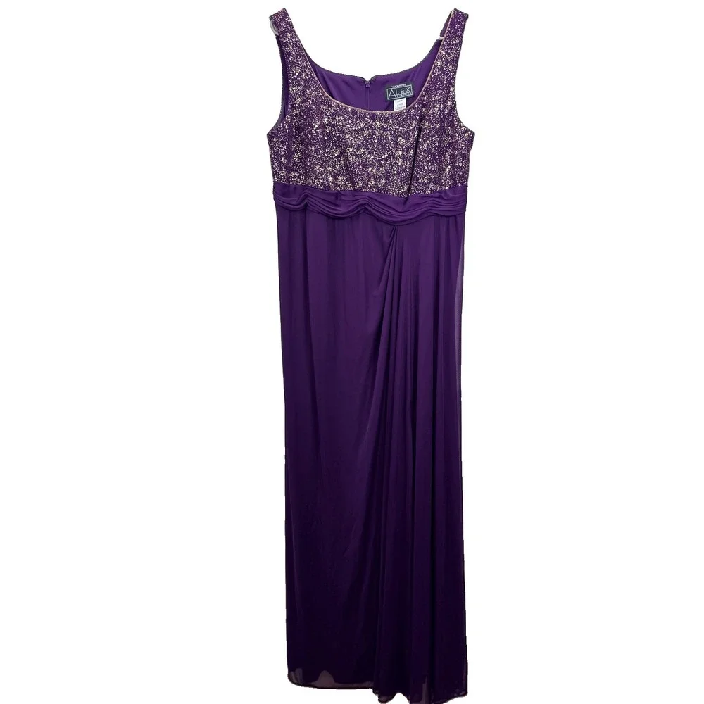 Alex Evenings Purple Gold Glitter 2 Piece Jacket Sleeveless Maxi Dress Set 14W
